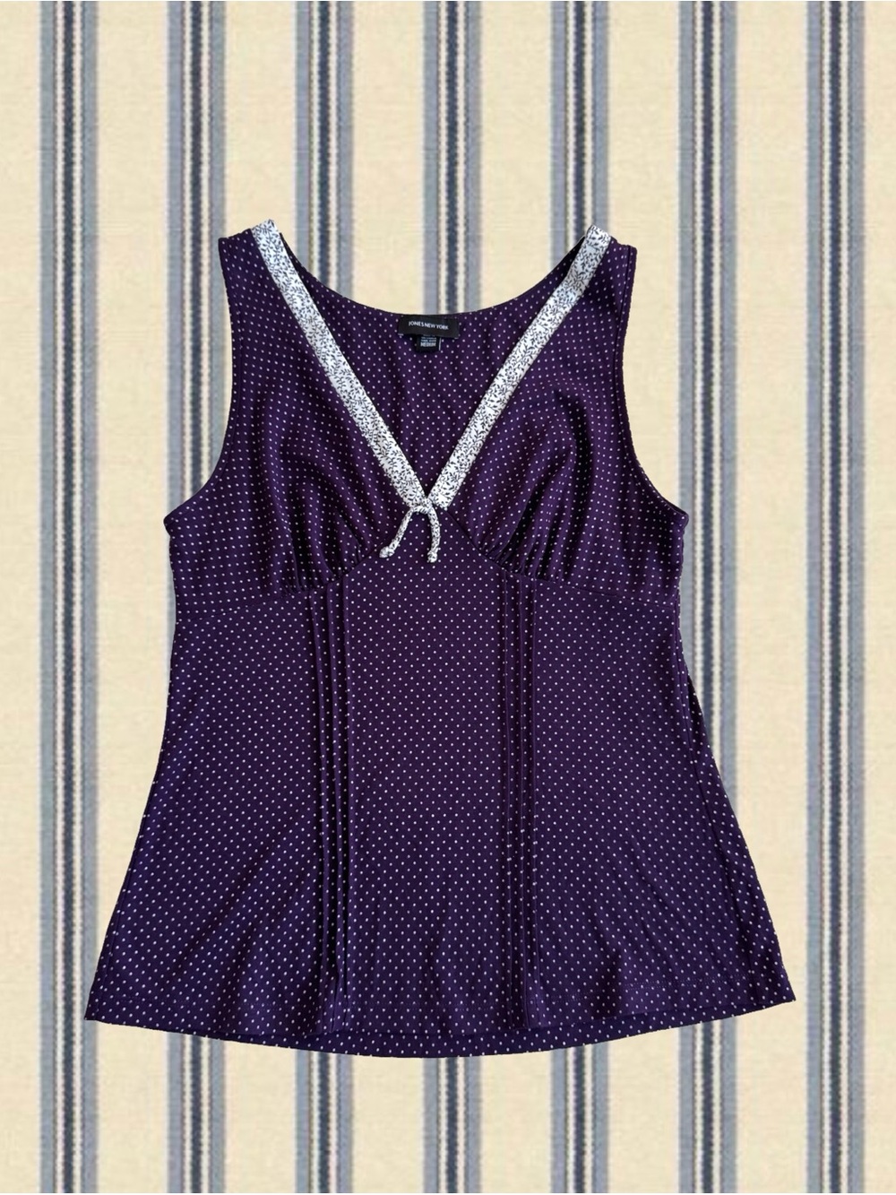 Jones New York Purple Polka Dot V-Neck Tank with Floral Trim